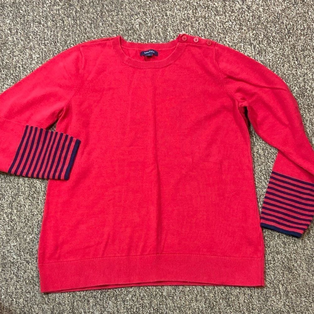NAUTICA Red Sweater Blouse with Striped Sleeves Size XL